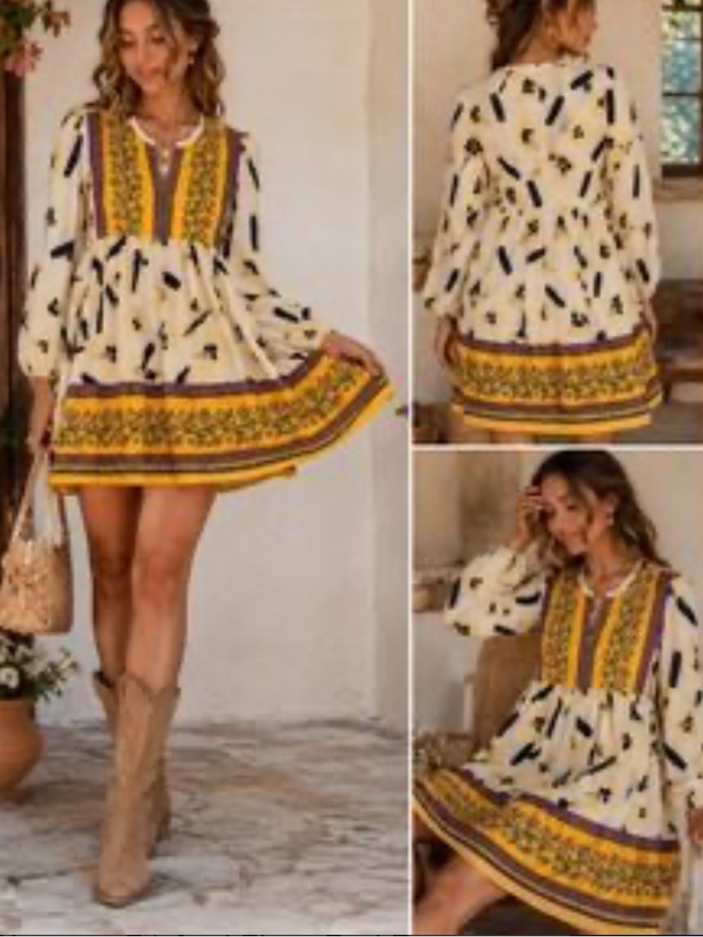 MELLODAY Cream Mini Dress with Yellow and Navy Border, Large - Boho